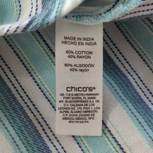 Chico's Striped blue white blouse sz 3 sz 16 with Twist front design Tab Sleeves - Picture 10 of 14